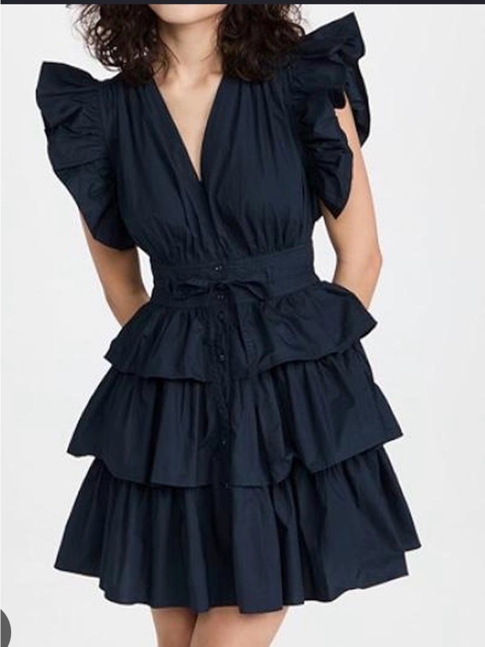 Ulla Johnson Navy Ruffle Tiered V-Neck Mini Dress